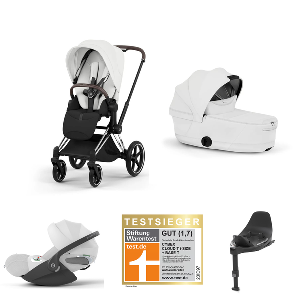 Cybex Priam 5 Style 4in1 Set | Chrome Brown Gestell, faltbare Babywanne & Cloud T i-Size Plus mit Base T 360