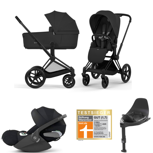 Cybex Priam 5 Comfort inkl. faltbare Babywanne und Cloud T i-Size  Babyschale und Base T 360 Isofix Base 4in1 Set| Kinderwagen Neue Generation
