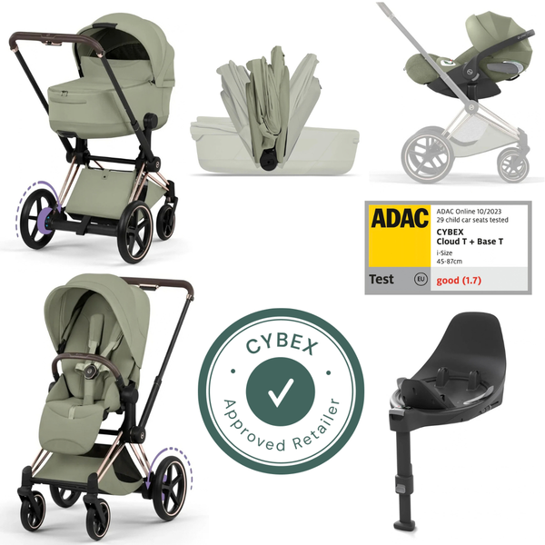CYBEX e-Priam Style Collection Rosegold Rahmen 4in1 Set | Faltbare Babywanne & Cloud T i-Size Plus mit Base T 360