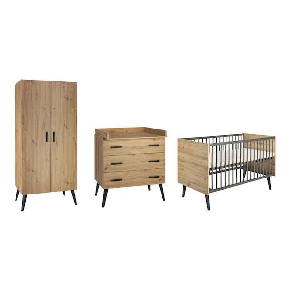 3-tlg. Babyzimmer Morris Oak mit 2-türigem Kleiderschrank