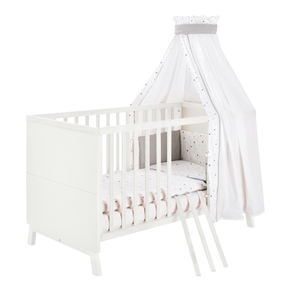 3-tlg. Babyzimmer Venice Fishbone White mit 2-türigem Kleiderschrank mit Seitenregal