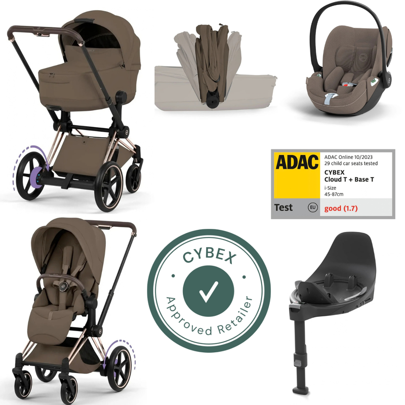 CYBEX e-Priam Style Collection Rosegold Rahmen 4in1 Set Faltbare Babywanne & Cloud T i-Size Plus mit Base T 360