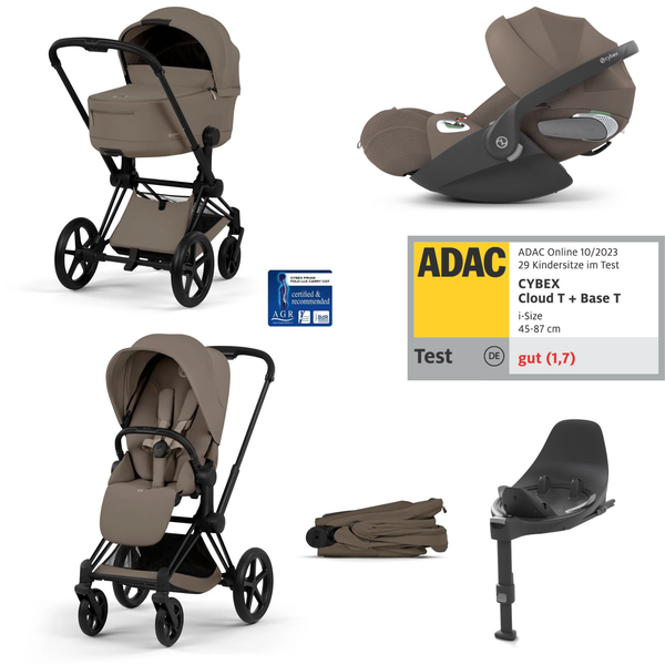 Cybex Priam 5 Comfort Kombikinderwagen 4in1 Set | Mit Cloud T i-Size Babyschale, Base T 360 & faltbarer Babywanne