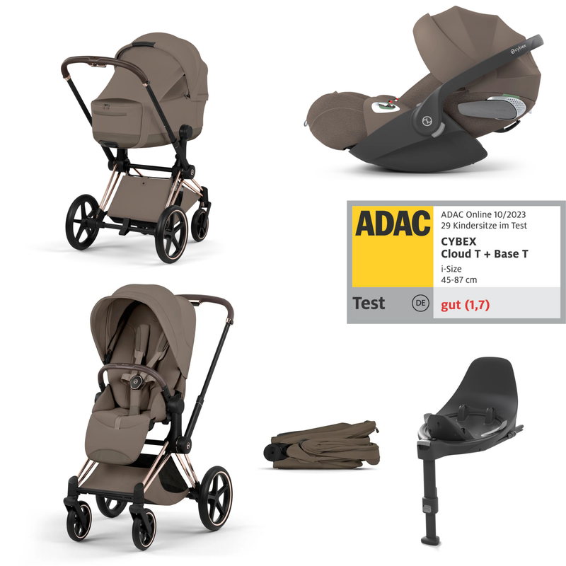Cybex Priam 5 Style 4in1 Set Roségold Gestell faltbare Babywanne & Cloud T i-Size Plus mit Base T 360