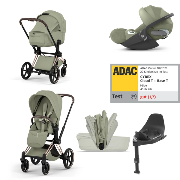 Cybex Priam 5 Style 4in1 Set | Roségold Gestell, faltbare Babywanne & Cloud T i-Size Plus mit Base T 360