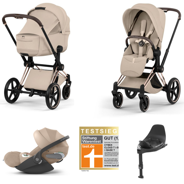 Cybex Priam 5 Style 4in1 Set | Roségold Gestell, faltbare Babywanne & Cloud T i-Size Plus mit Base T 360