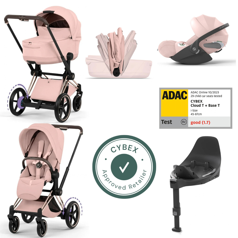 CYBEX e-Priam Style Collection Rosegold Rahmen 4in1 Set Faltbare Babywanne & Cloud T i-Size Plus mit Base T 360