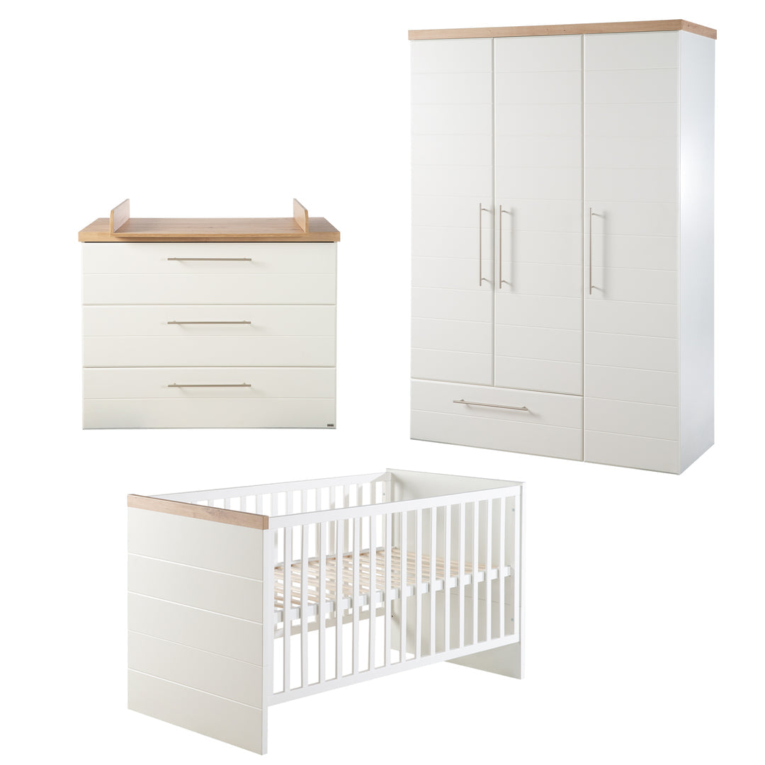 Babyzimmer Möbelset „Nele“ 3-teilig mit Kombi-Kinderbett 70x140 cm, Wickelkommode und 3-türigem Kleiderschrank