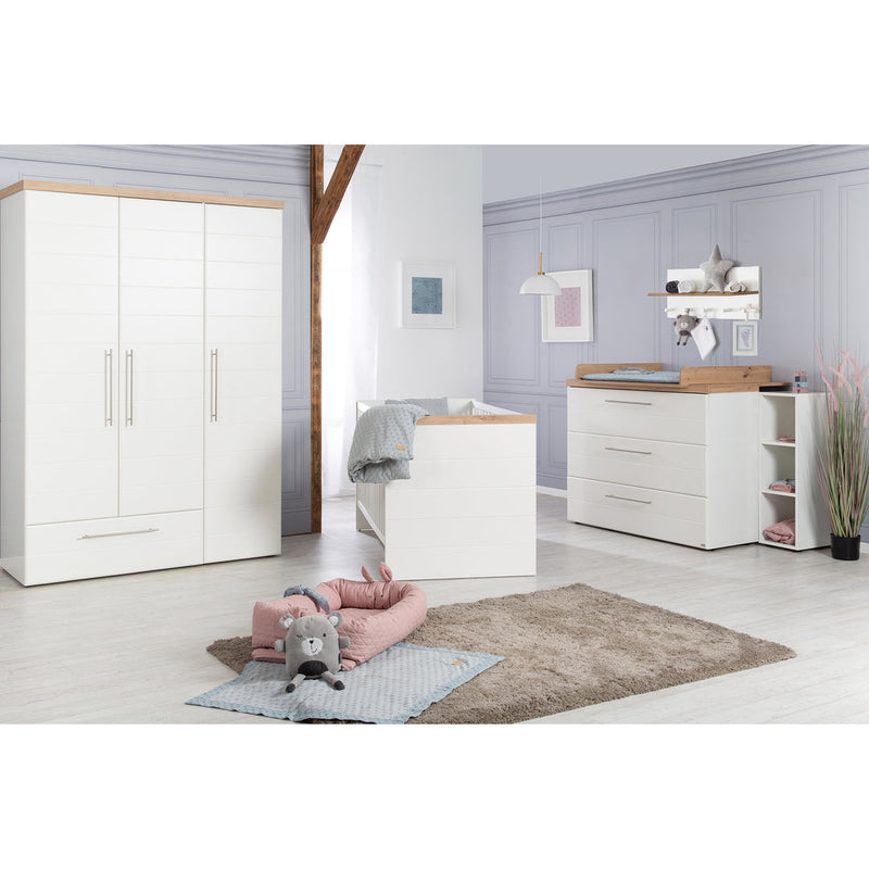 Babyzimmer Möbelset „Nele“ 3-teilig mit Kombi-Kinderbett 70x140 cm, Wickelkommode und 3-türigem Kleiderschrank