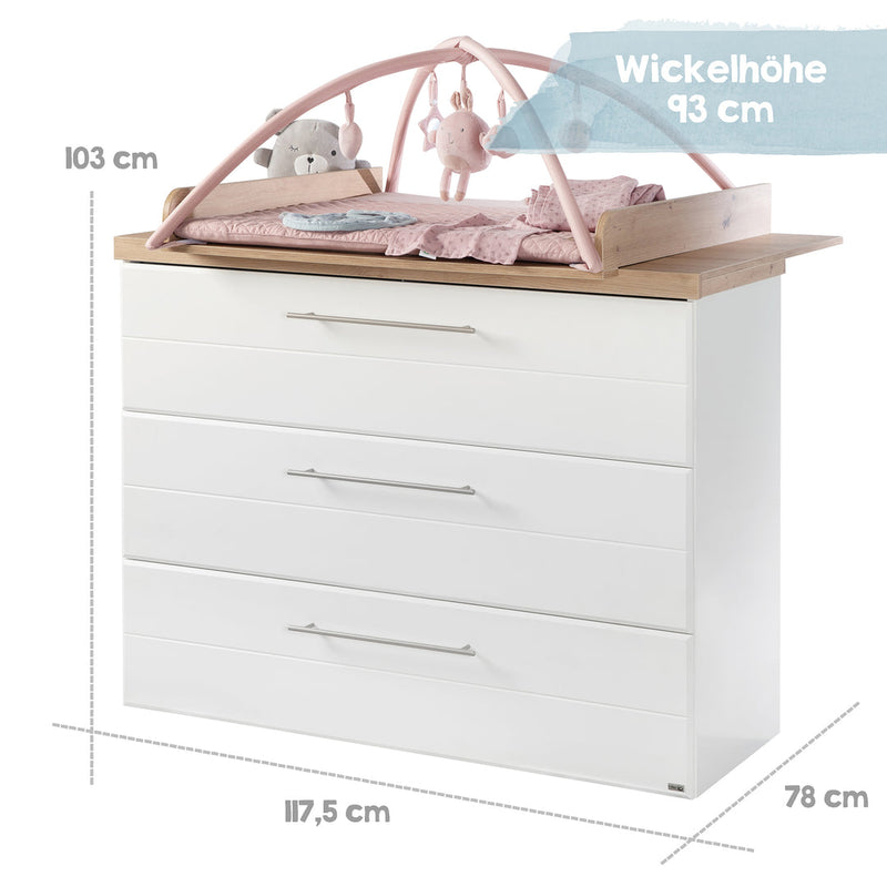 Babyzimmer Möbelset „Nele“ 3-teilig mit Kombi-Kinderbett 70x140 cm, Wickelkommode und 3-türigem Kleiderschrank