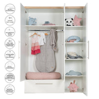 Babyzimmer Möbelset „Nele“ 3-teilig mit Kombi-Kinderbett 70x140 cm, Wickelkommode und 3-türigem Kleiderschrank