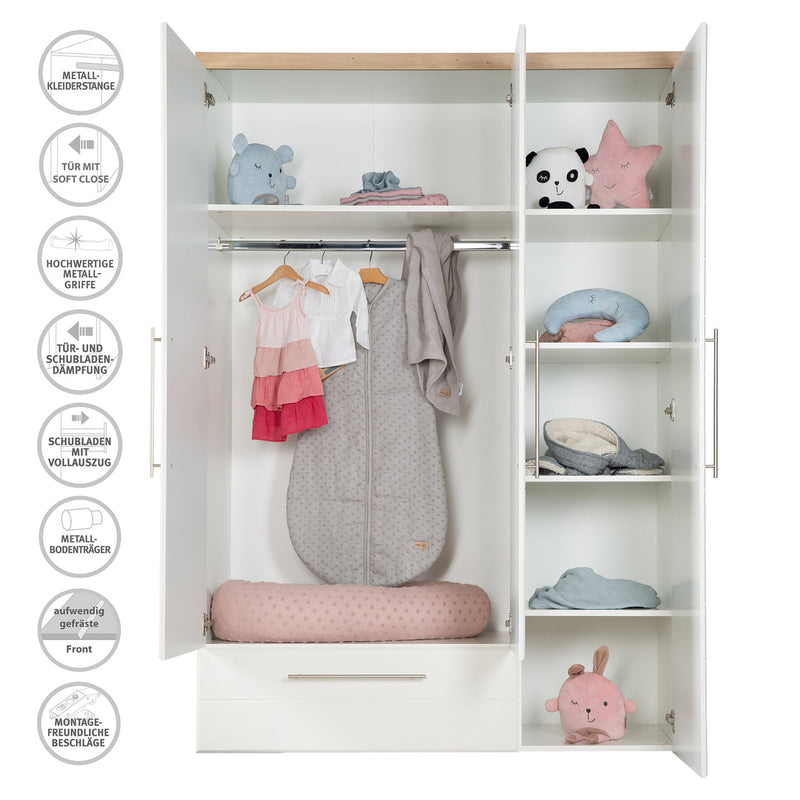 Babyzimmer Möbelset „Nele“ 3-teilig mit Kombi-Kinderbett 70x140 cm, Wickelkommode und 3-türigem Kleiderschrank
