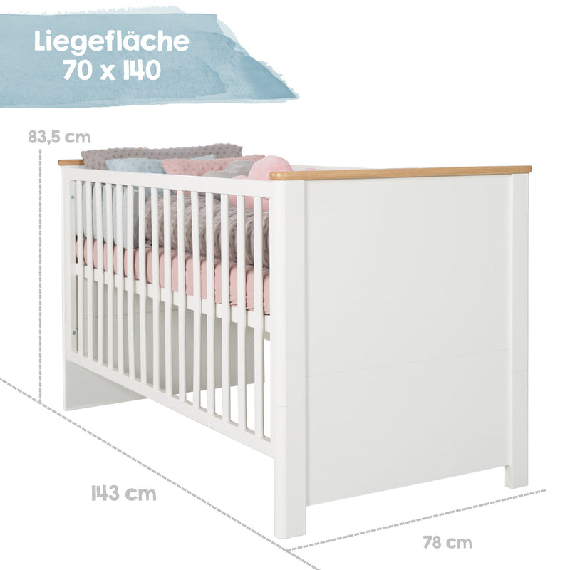 Kinderzimmerset 'Ava' 3-teilig, inkl. Kinderbett 70x140 cm, Wickelkommode & Schrank 3-türig