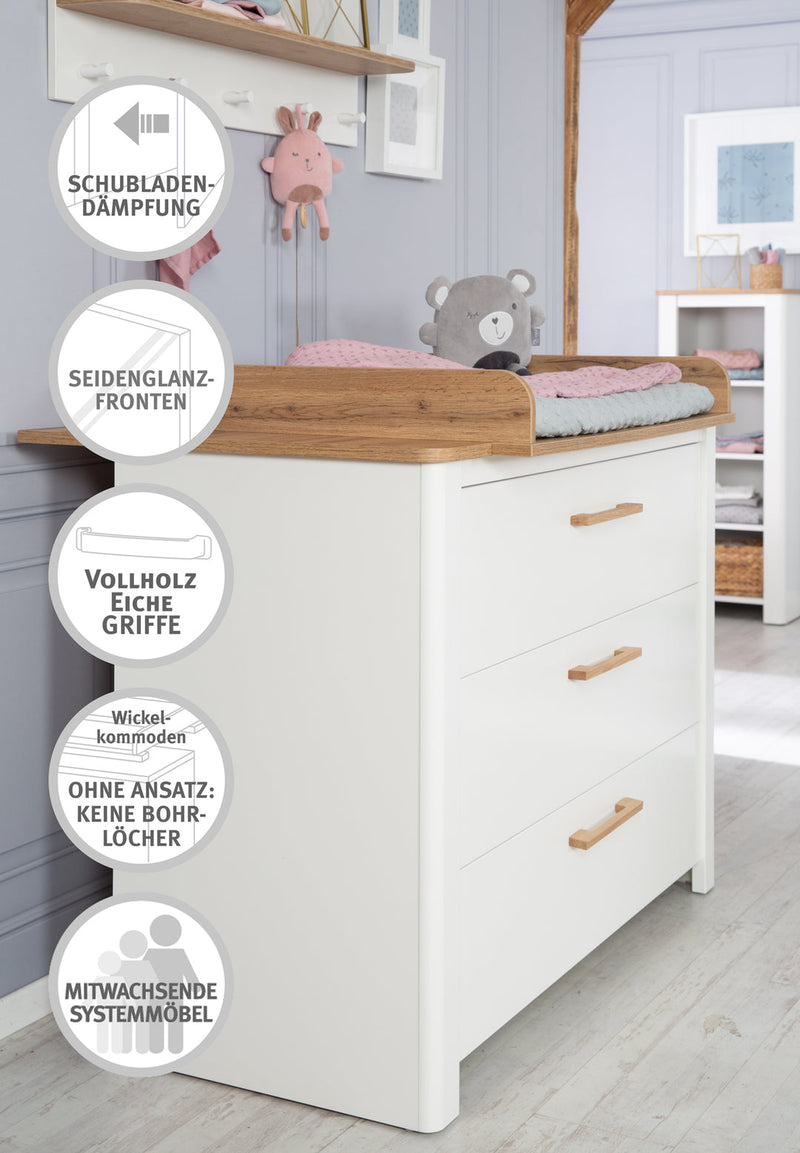 Kinderzimmerset 'Ava' 3-teilig, inkl. Kinderbett 70x140 cm, Wickelkommode & Schrank 3-türig