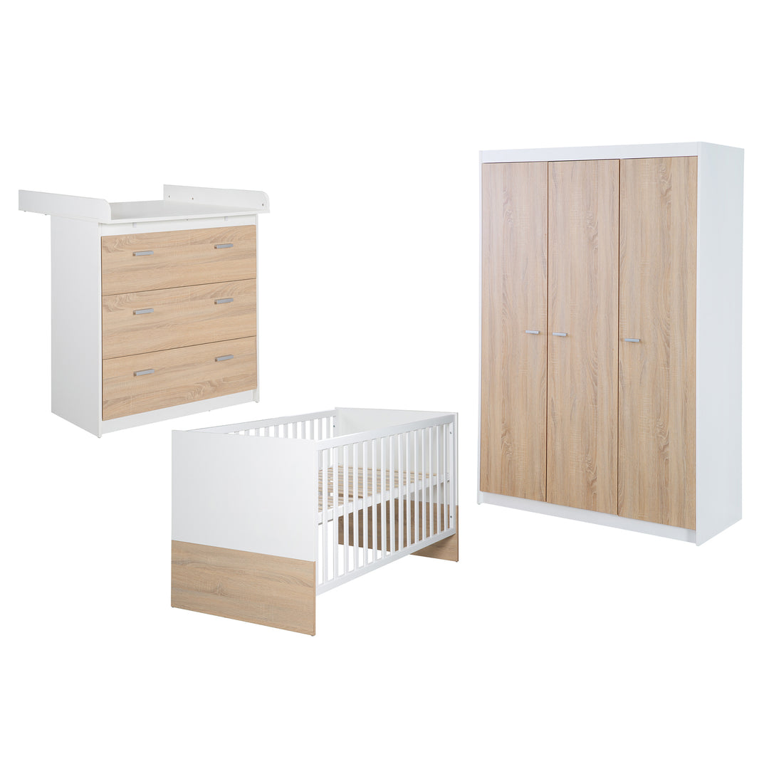 Kinderzimmerset 'Gabriella' 3-teilig - Bett 70x140 + Wickelkommode schmal + Kleiderschrank 3-türig