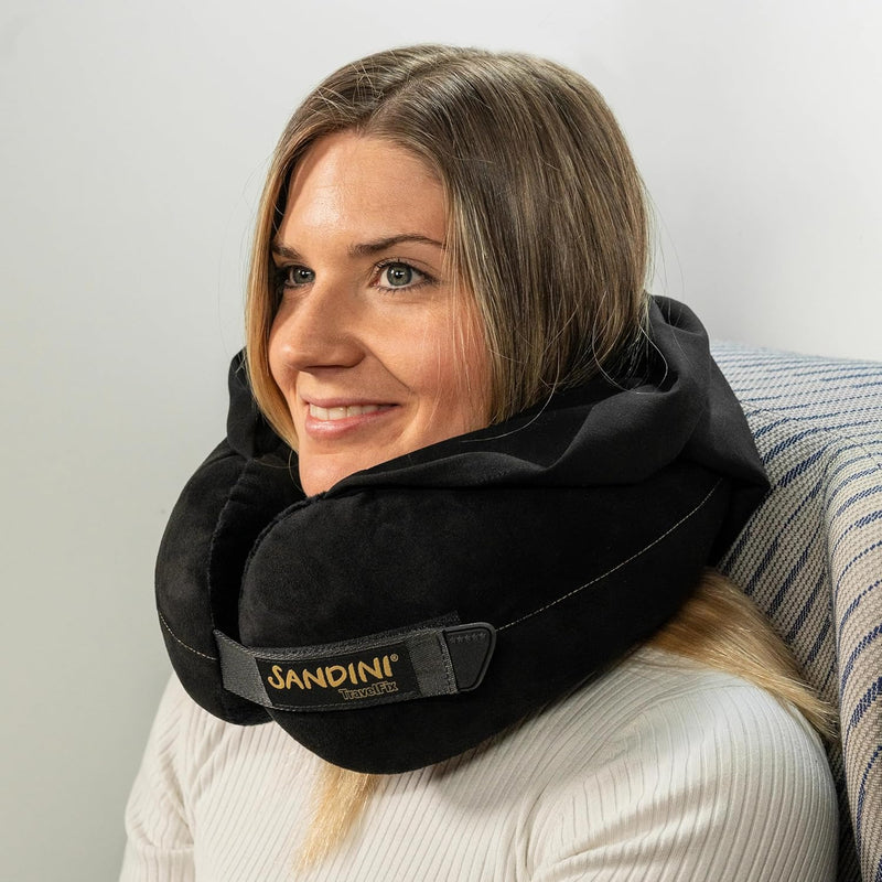 SANDINI TravelFix® Hoodie - Premium - Reisekissen mit integrierter Kapuze und Transporttasche