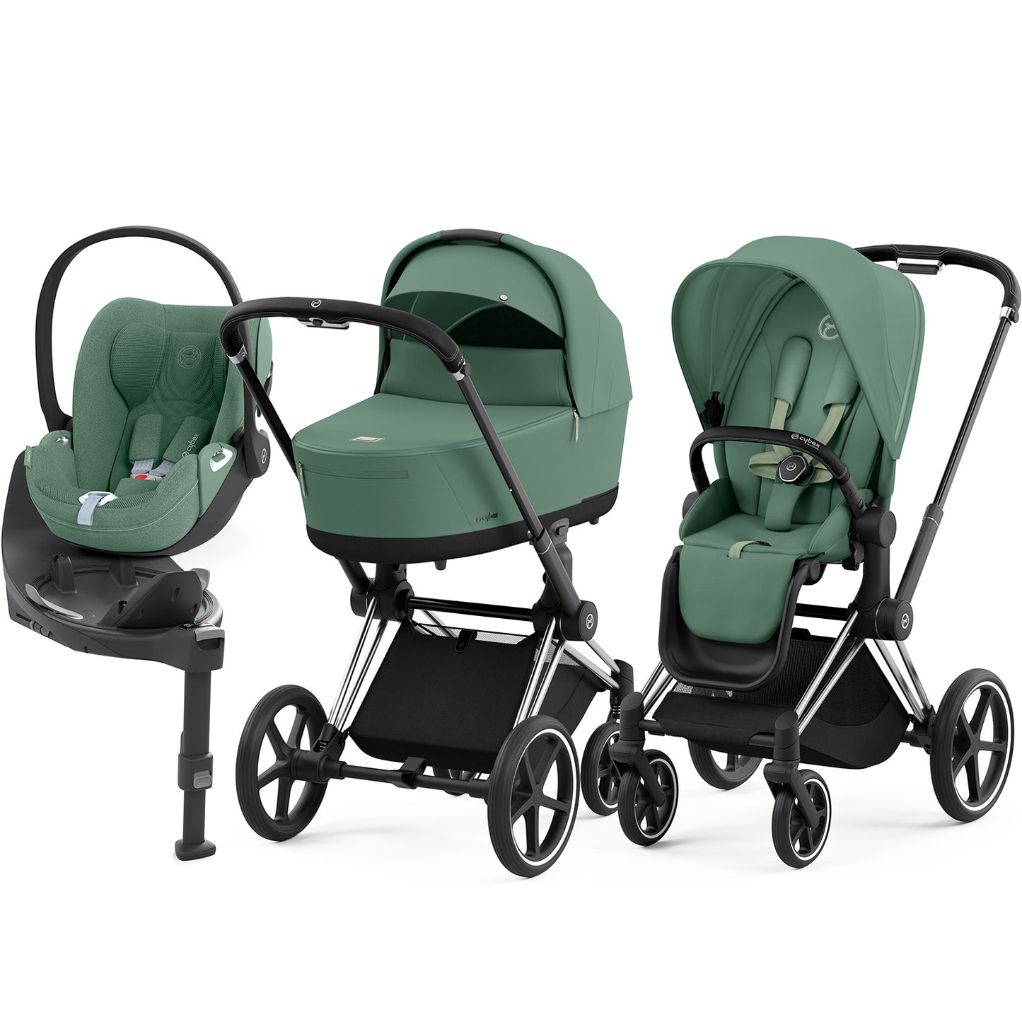 Cybex Priam Set 4-in-1 mit Cloud T i-Size  Plus Babyschale (Chrome mit Schwarz - Leaf Green)